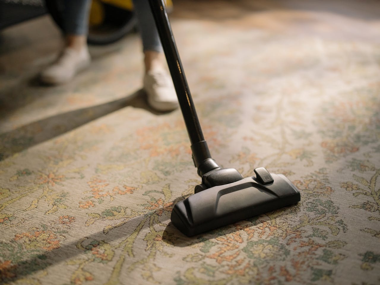 journey Close-up of a vacuum cleaner on a patterned carpet in a sunlit room, capturing a moment of household cleaning.